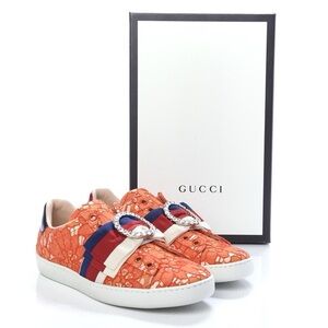 Gucci Vibrant Orange Lace Sneakers with Crystal Accents